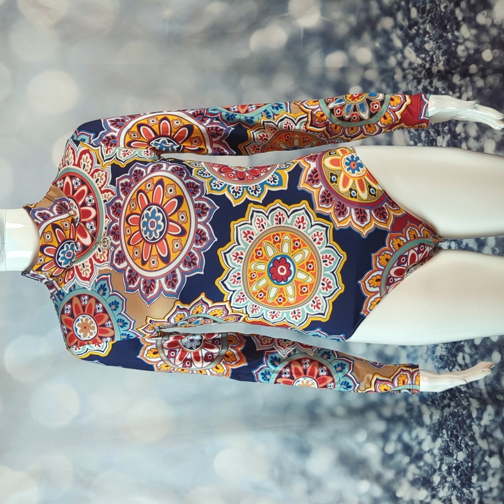 MANGOPOP sz S Mandala Pattern Mock Turtleneck Long Sleeve Bodysuit